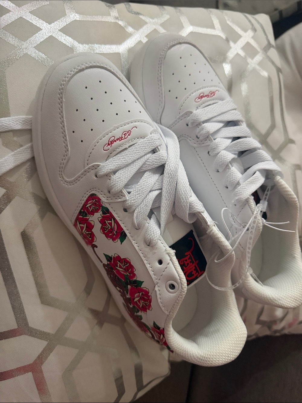 White Women's Lace-Up Sneakers with Red Rose Side Accents